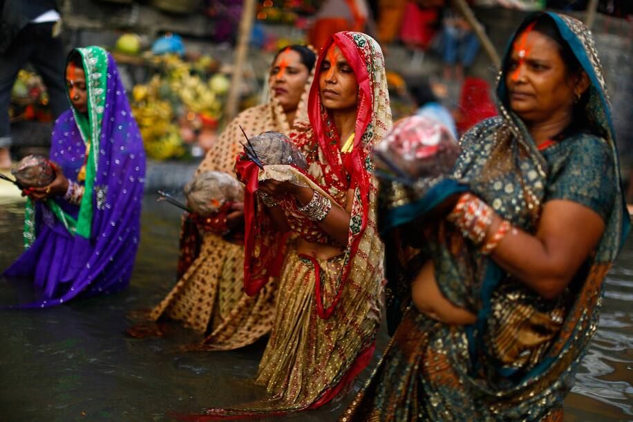 Sandhya Arghya at a river ghat during Chhath Puja in Bihar